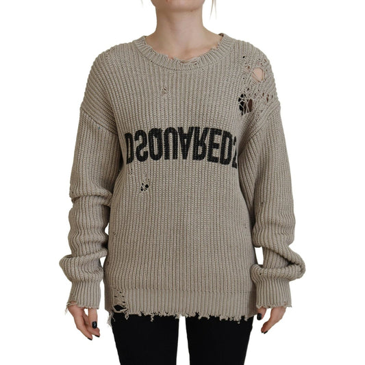 Beige Cotton Knitted Crewneck Pullover Sweater