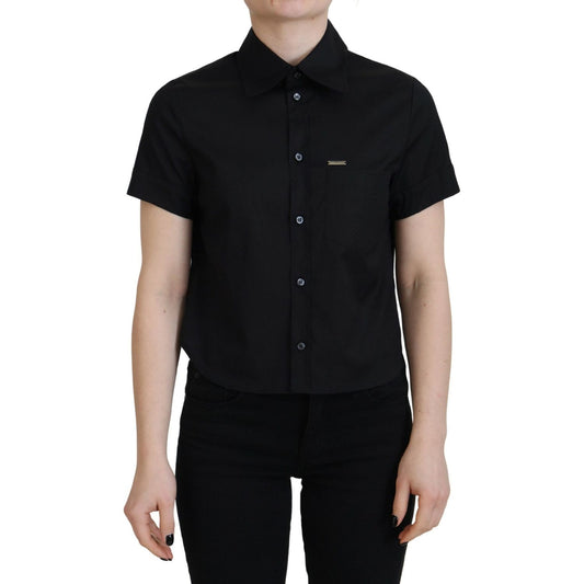 Black Collared Button Down Short Sleeves Polo Top