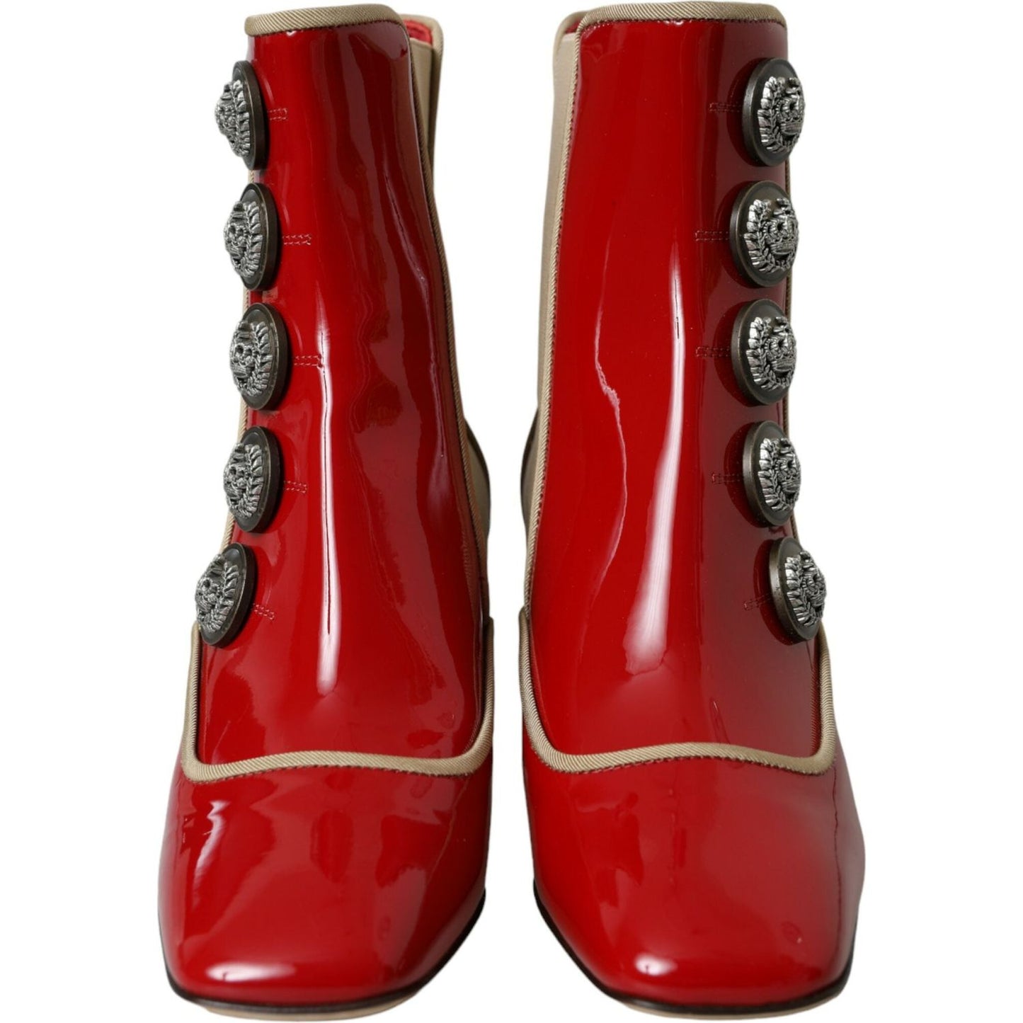 Dolce & Gabbana Red Beige Leather Embellished Mid Calf Boots Shoes Dolce & Gabbana