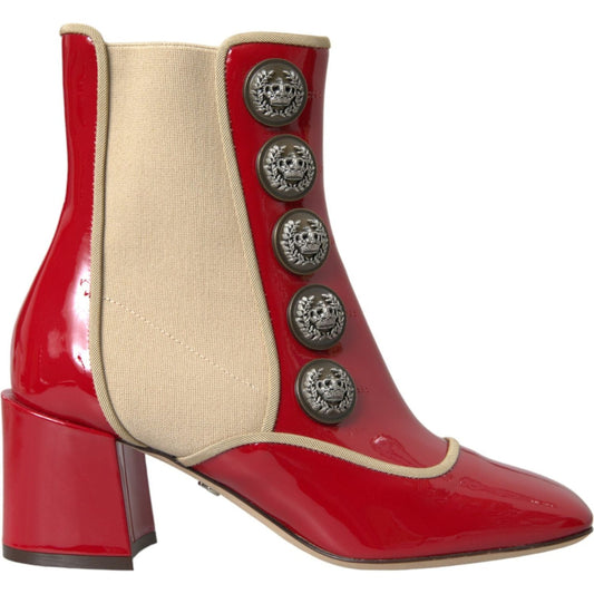 Dolce & Gabbana Red Beige Leather Embellished Mid Calf Boots Shoes Dolce & Gabbana