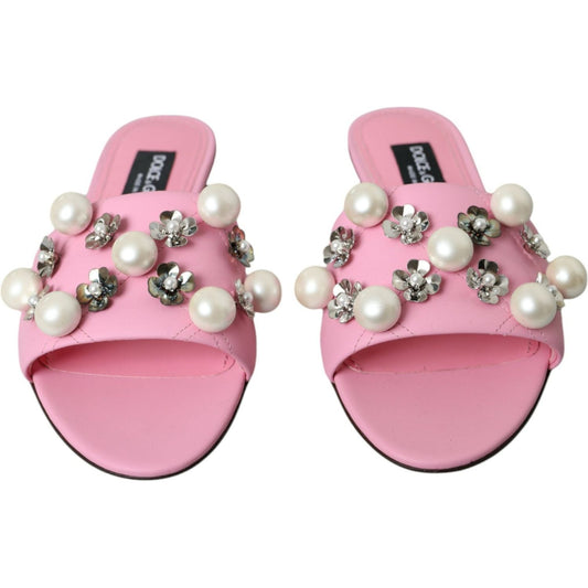 Dolce & Gabbana Pink Embellished Leather Flats Sandals Shoes Dolce & Gabbana