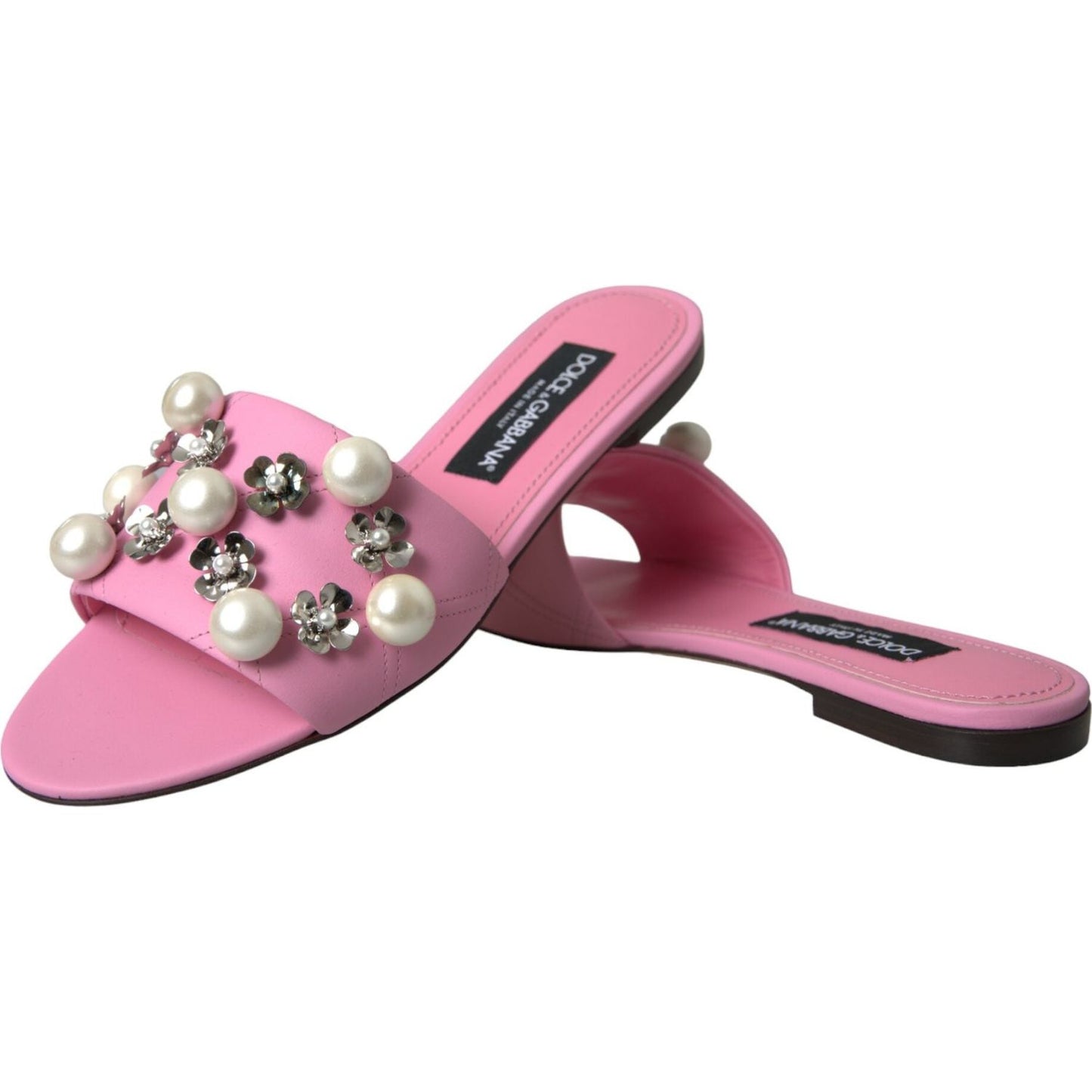 Dolce & Gabbana Pink Embellished Leather Flats Sandals Shoes Dolce & Gabbana