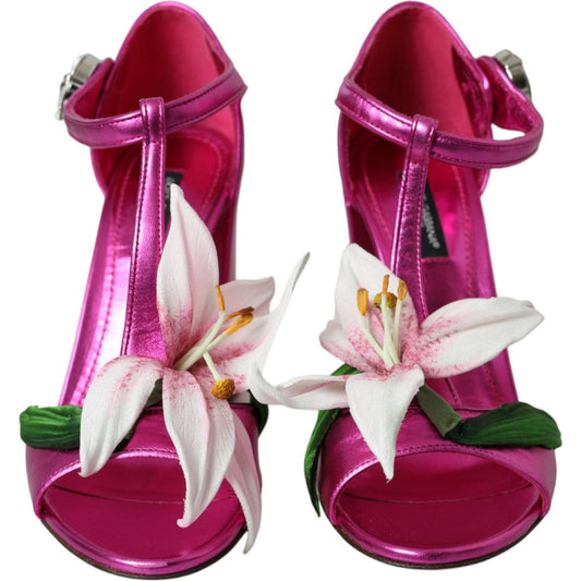 Dolce & Gabbana Pink Leather Crystals Floral Sandals Shoes Dolce & Gabbana