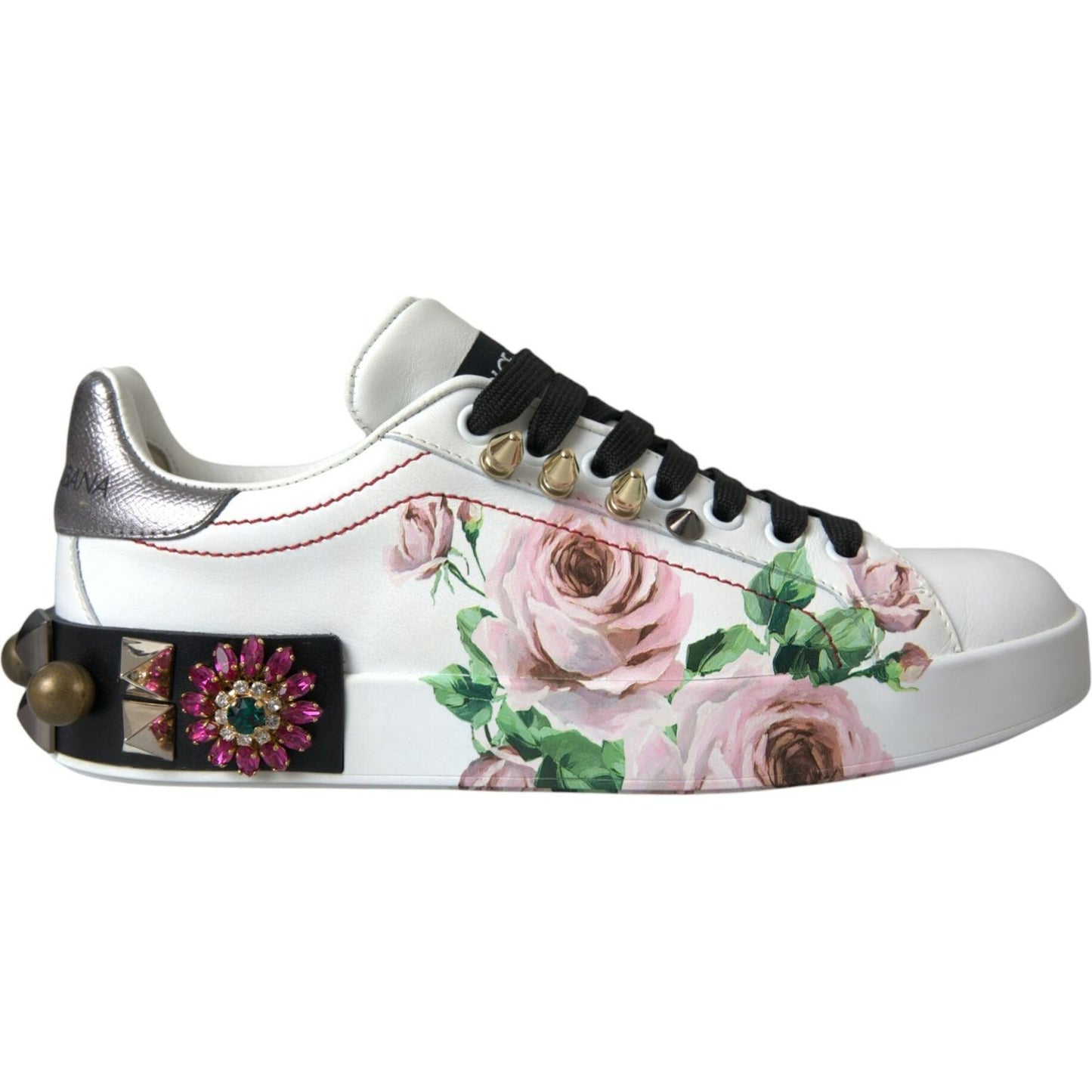 Dolce & Gabbana White Leather Crystal Roses Floral Sneakers Shoes Dolce & Gabbana