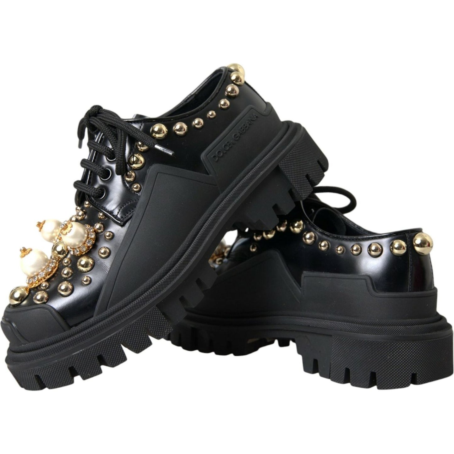 Dolce & Gabbana Black Leather Trekking Derby Embellished Shoes Dolce & Gabbana