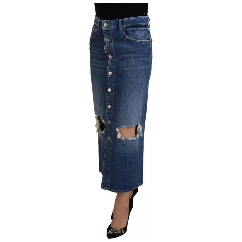 Dsquared² Blue Distressed High Waist Pencil Cut Denim Skirt Dsquared²