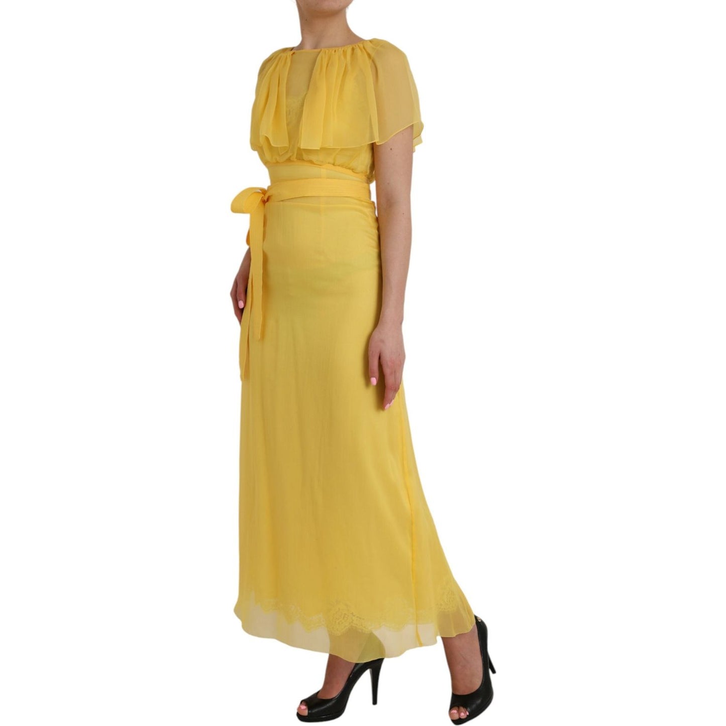 Dolce & Gabbana Yellow Silk Sheath Belted Long Maxi Dress Dolce & Gabbana