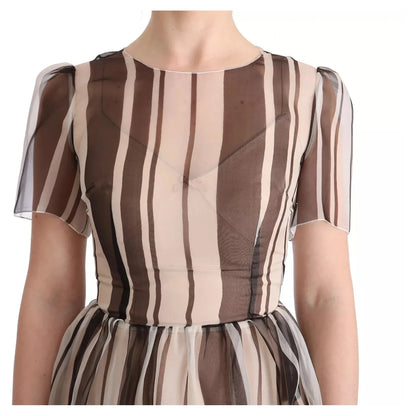 Dolce & Gabbana Beige Brown Striped Silk Sheath Dress