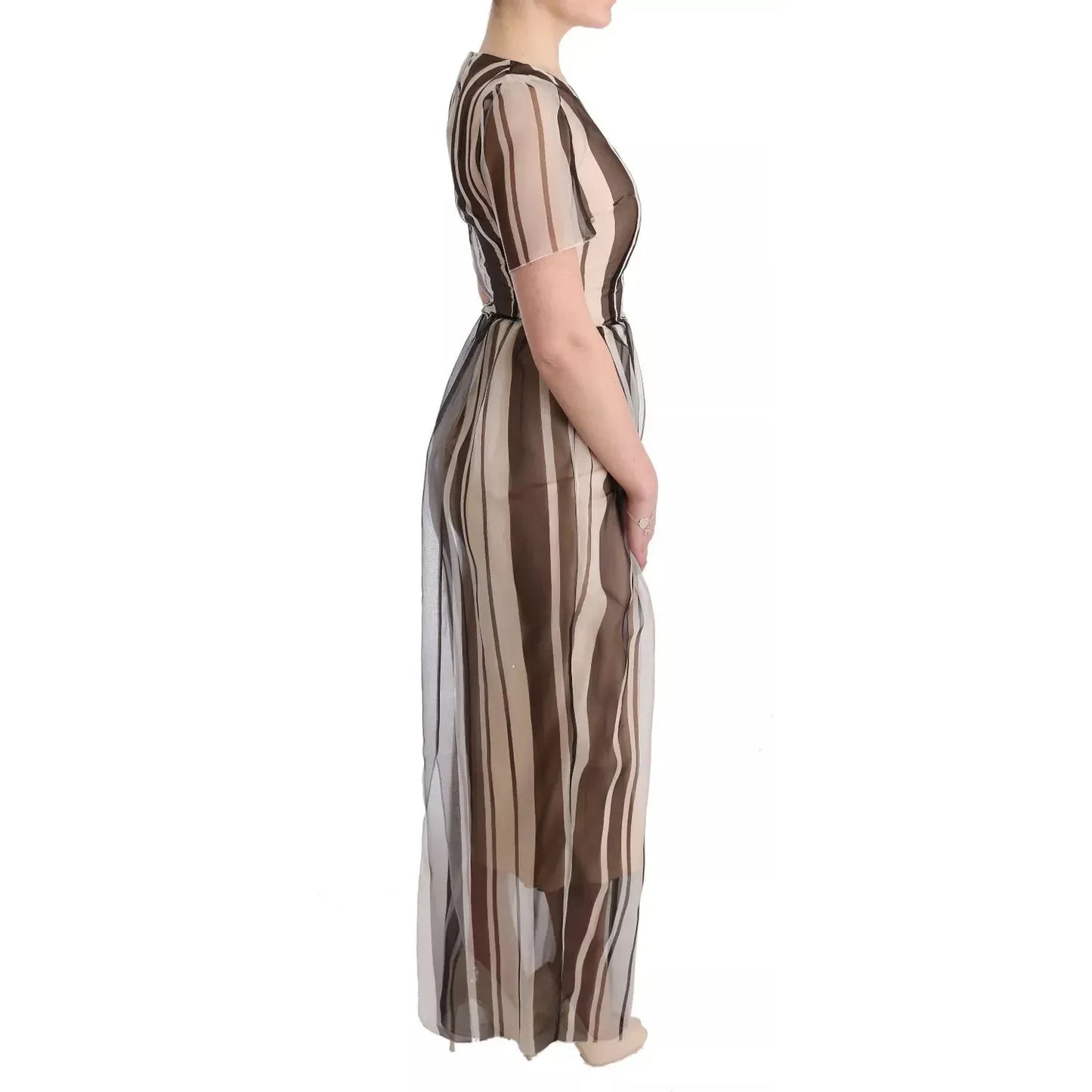 Dolce & Gabbana Beige Brown Striped Silk Sheath Dress Dolce & Gabbana