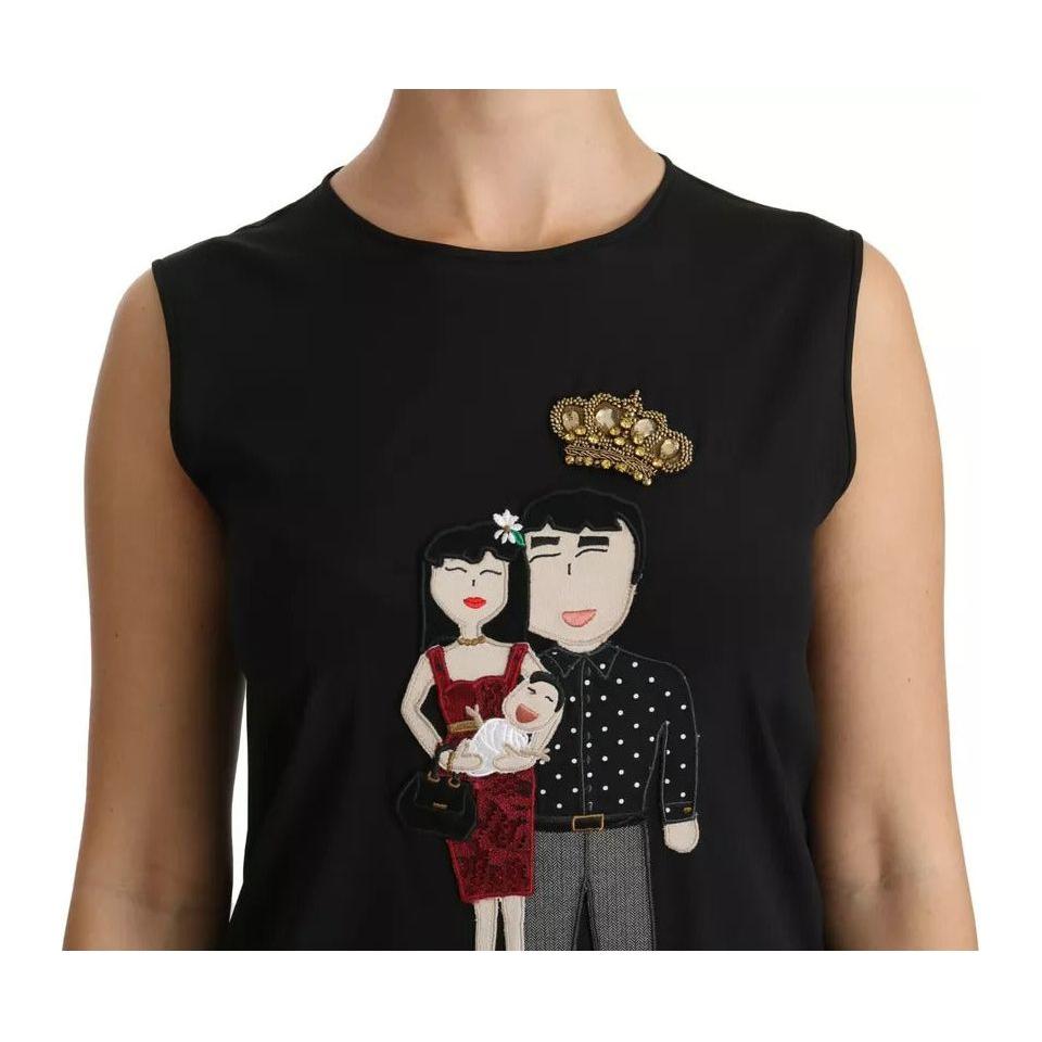 Dolce & Gabbana Black Silk DG Family Crystal Sleeveless Top Dolce & Gabbana