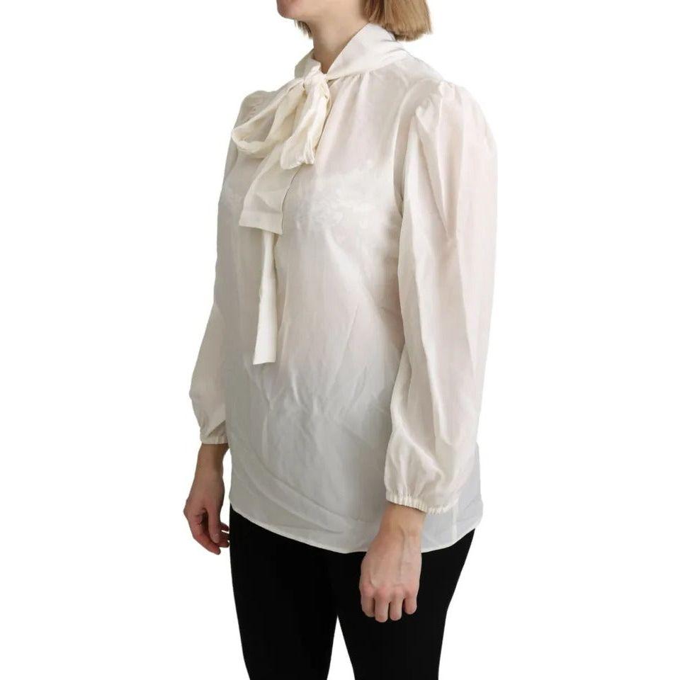 Dolce & Gabbana Off White Scarfneck Long Sleeves Blouse Silk Top Dolce & Gabbana