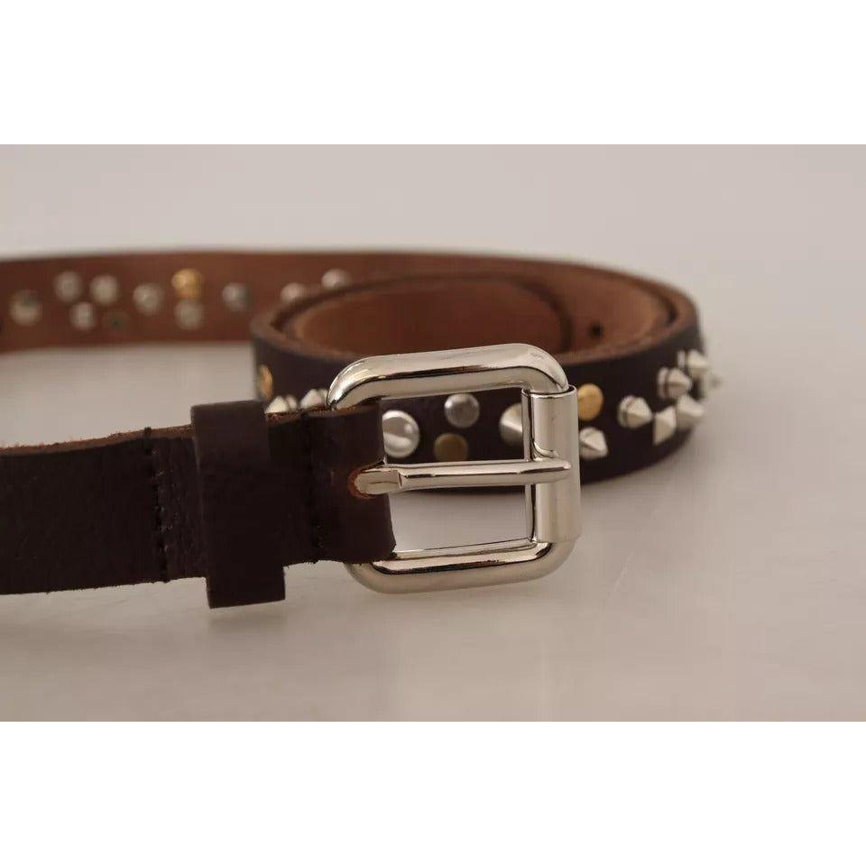 Dolce & Gabbana Brown Leather Studded Silver Metal Buckle Belt Dolce & Gabbana