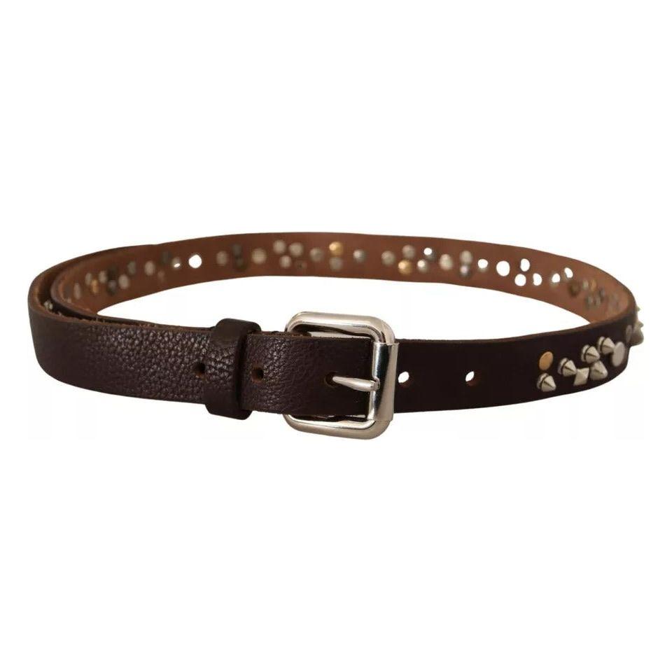 Dolce & Gabbana Brown Leather Studded Silver Metal Buckle Belt Dolce & Gabbana