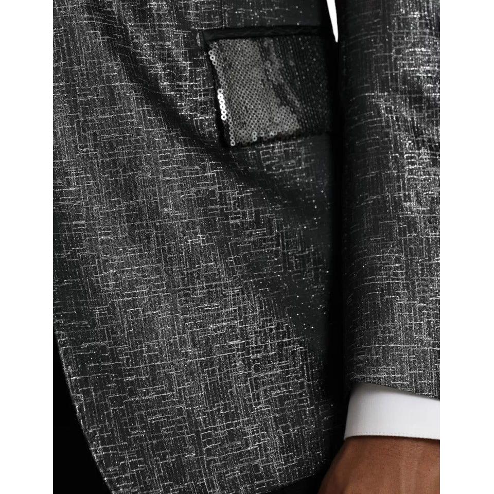 Dolce & Gabbana Black Silver Silk Single Breasted Coat Blazer Dolce & Gabbana