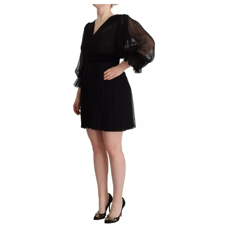 Dolce & Gabbana Black V-neck Long Sleeves Mini A-line Dress Dolce & Gabbana