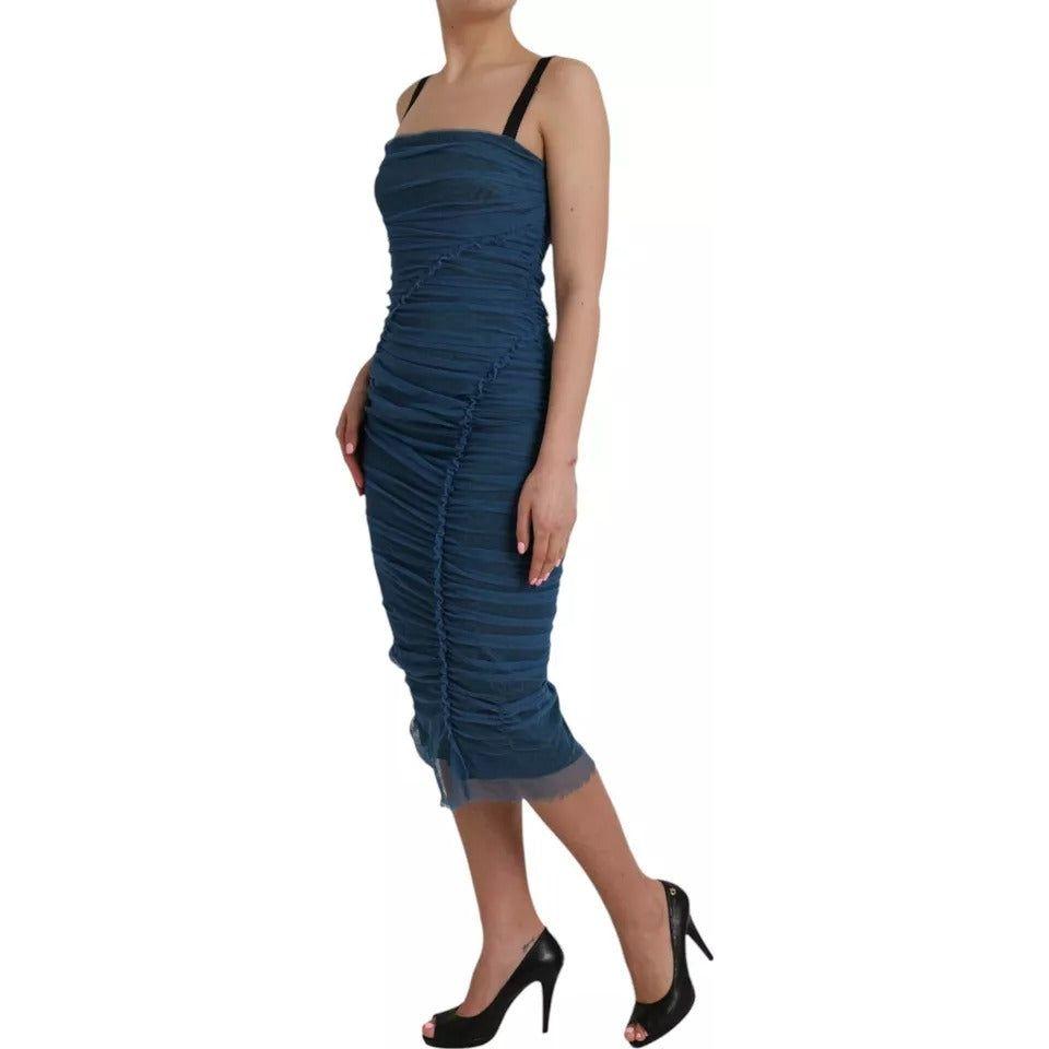 Dolce & Gabbana Blue Mesh Trim Ruched Tulle Sheath Dress Dolce & Gabbana