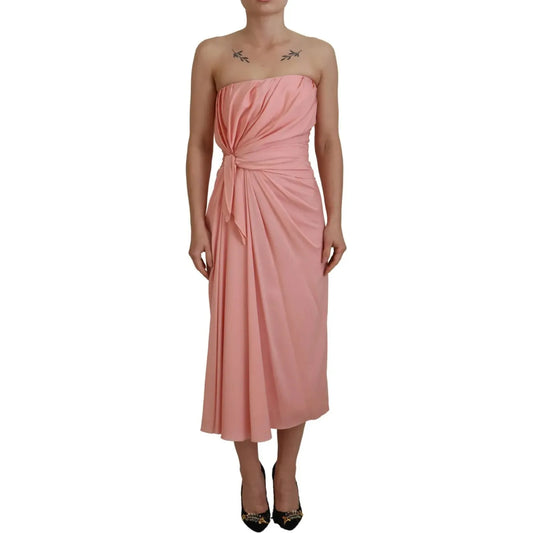 Pink Silk Stretch Strapless Sheath Midi Dress