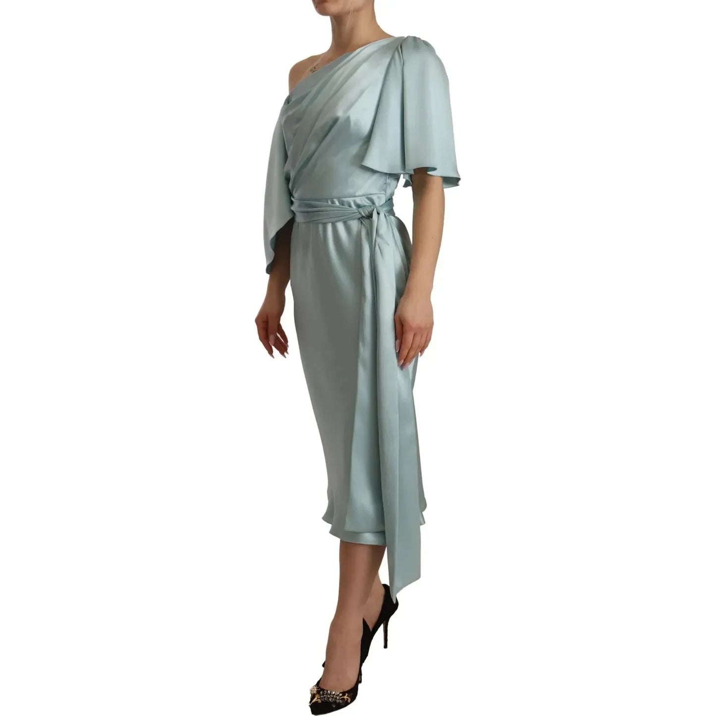 Dolce & Gabbana Silk Mint Green Fit Cut One Shoulder Midi Dress Dolce & Gabbana