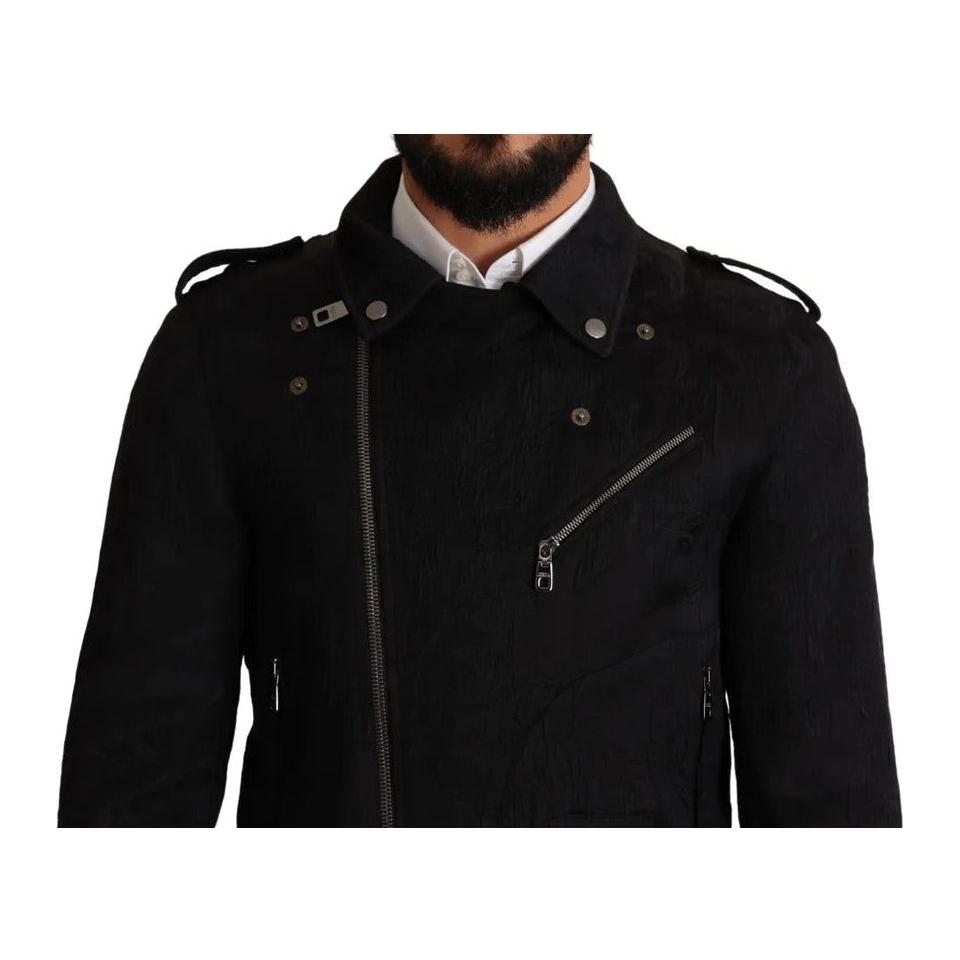 Dolce & Gabbana Black Brocade Full Zip Biker Coat Jacket Dolce & Gabbana