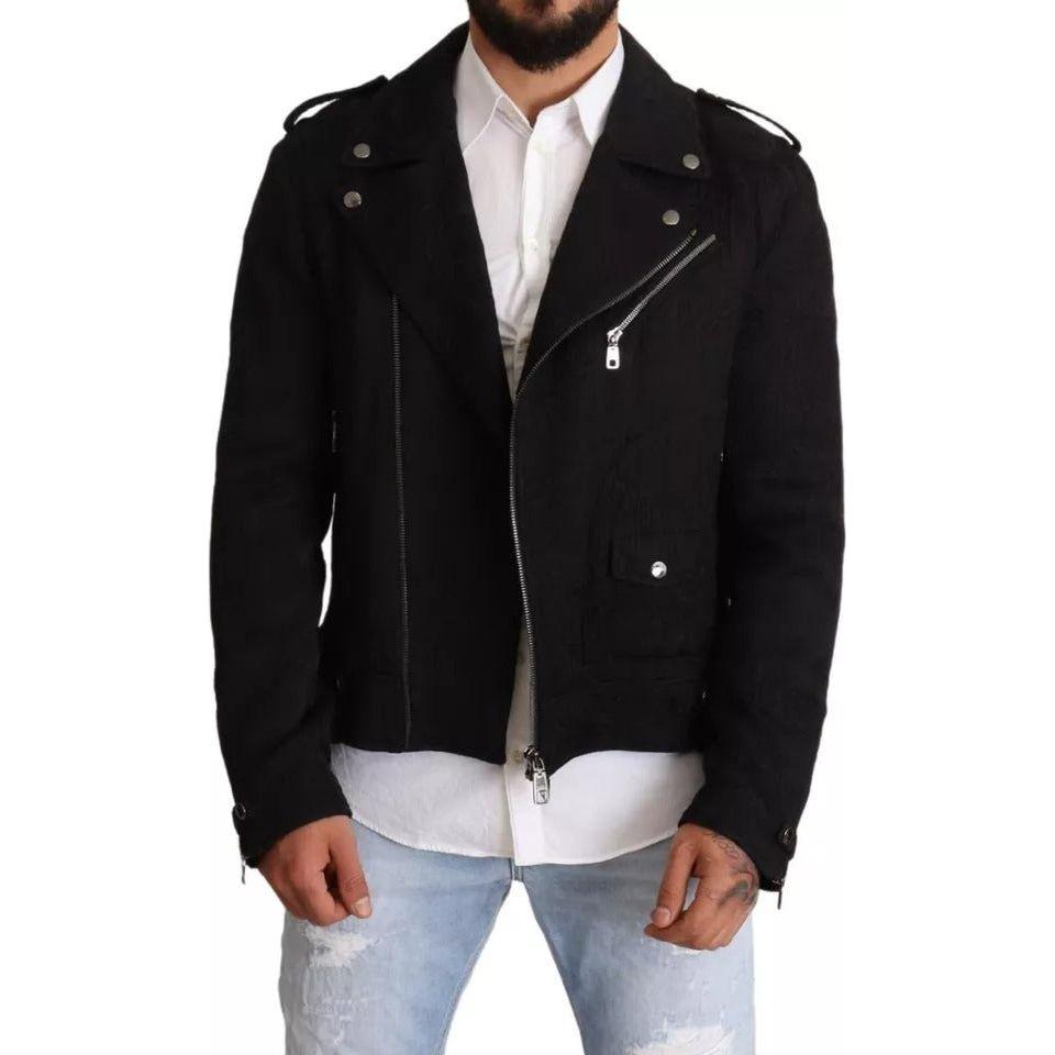 Dolce & Gabbana Black Brocade Full Zip Biker Coat Jacket Dolce & Gabbana