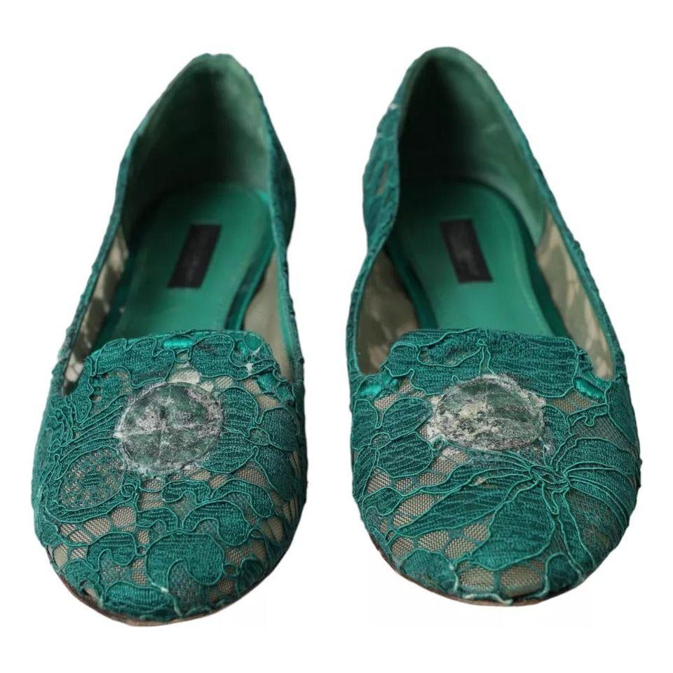 Dolce & Gabbana Green Taormina Lace Slip On Flats Shoes Dolce & Gabbana