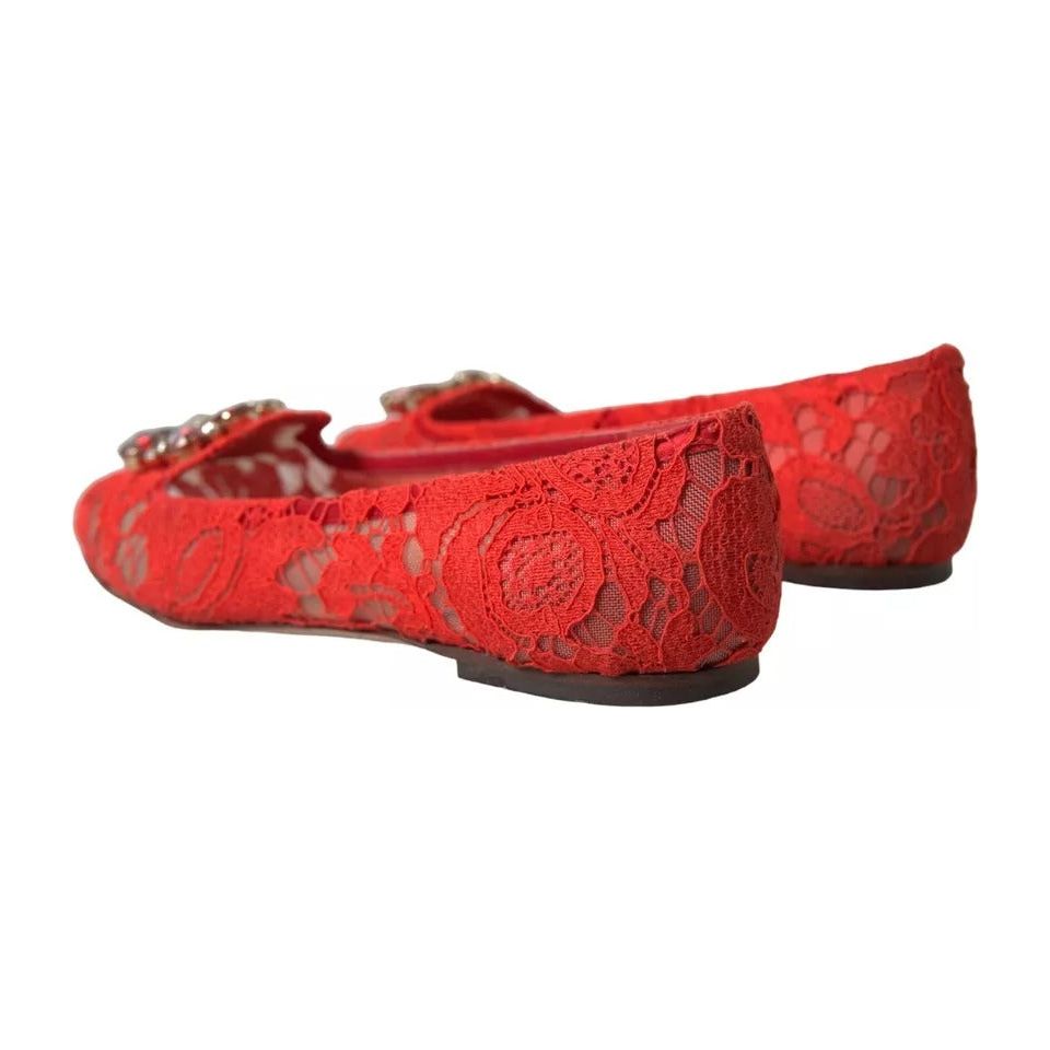 Dolce & Gabbana Red Lace Crystal Ballet Loafers Shoes Dolce & Gabbana