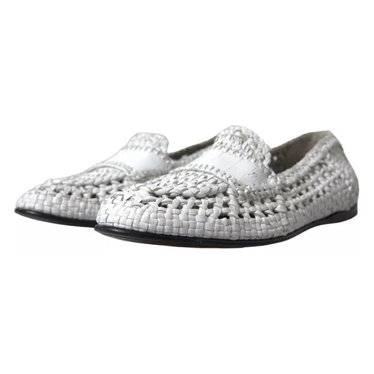 Dolce & Gabbana White Woven Leather Men Slip On Loafers Shoes Dolce & Gabbana