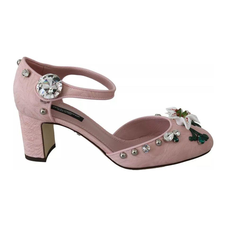 Dolce & Gabbana Pink Brocade Crystal Lily Ankle Strap Shoes Dolce & Gabbana