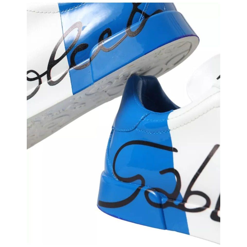 Dolce & Gabbana White Blue Leather Logo Low Top Sneakers Shoes Dolce & Gabbana