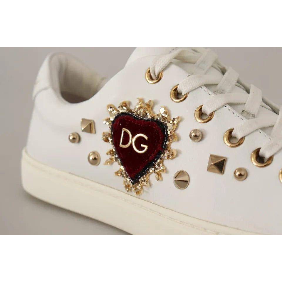 Dolce & Gabbana White Leather Gold Red Heart Sneakers Shoes Dolce & Gabbana