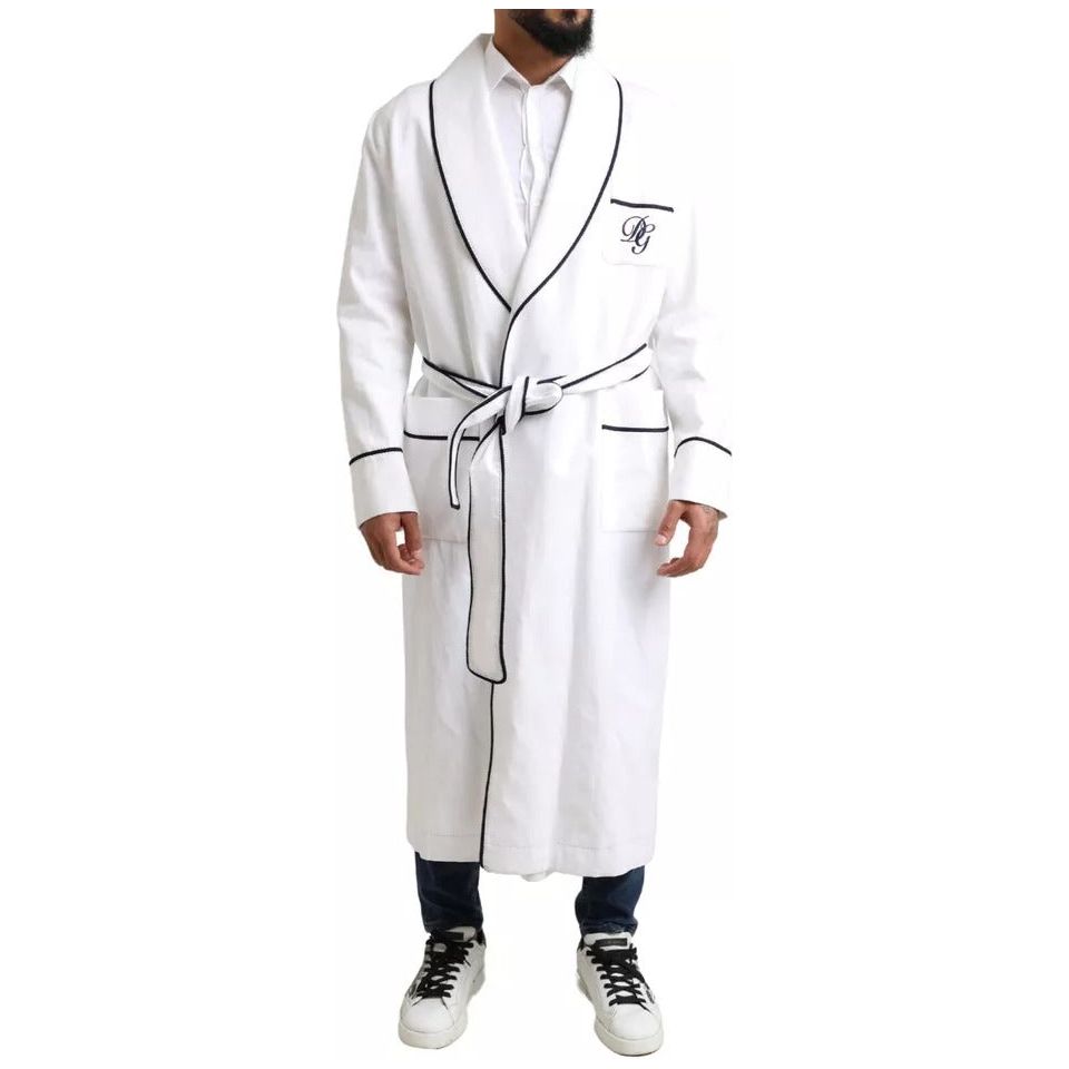 Dolce & Gabbana White Linen Belted Robe DG Logo Sleepwear Dolce & Gabbana