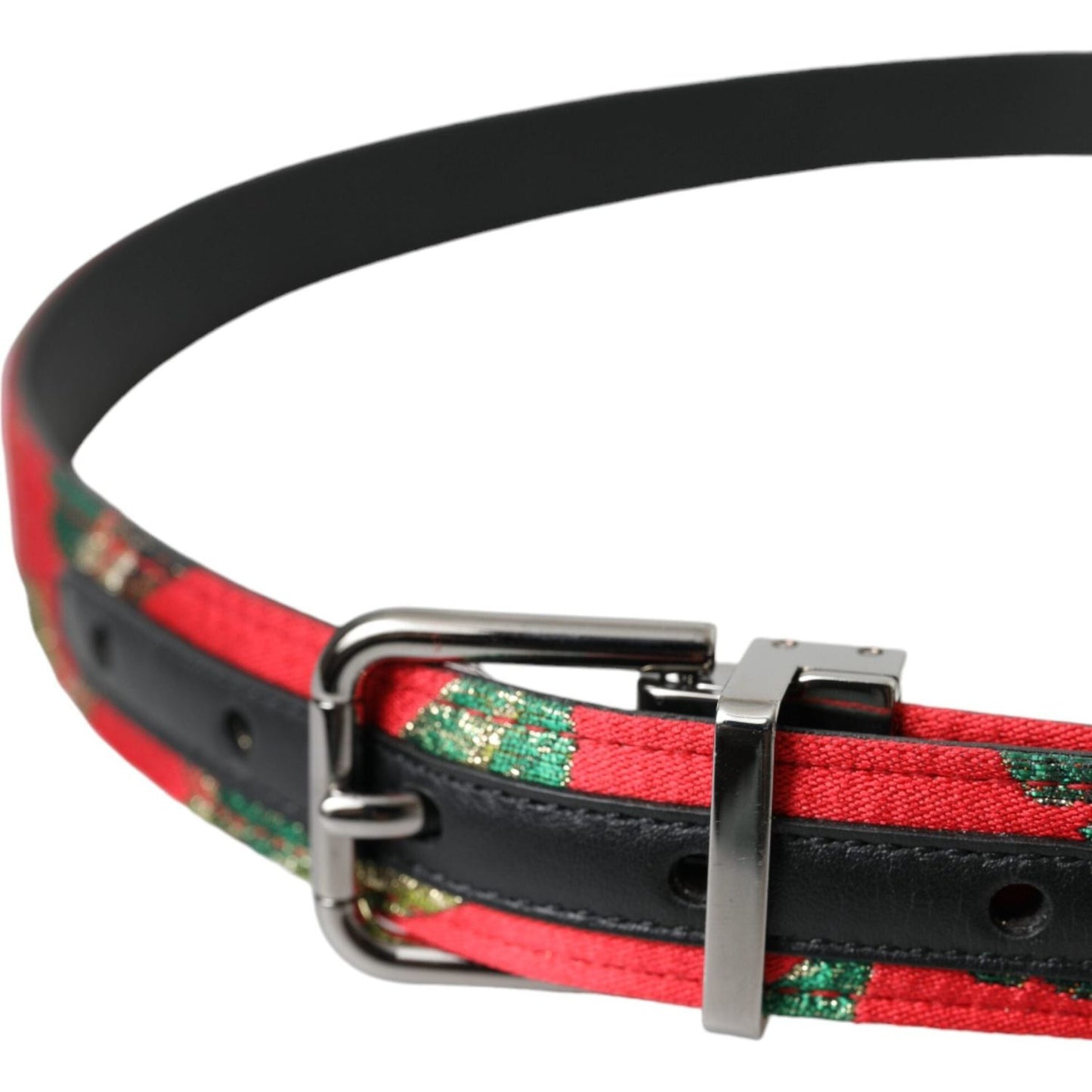 Dolce & Gabbana Red Leather Jacquard Silver Metal Buckle Belt Dolce & Gabbana