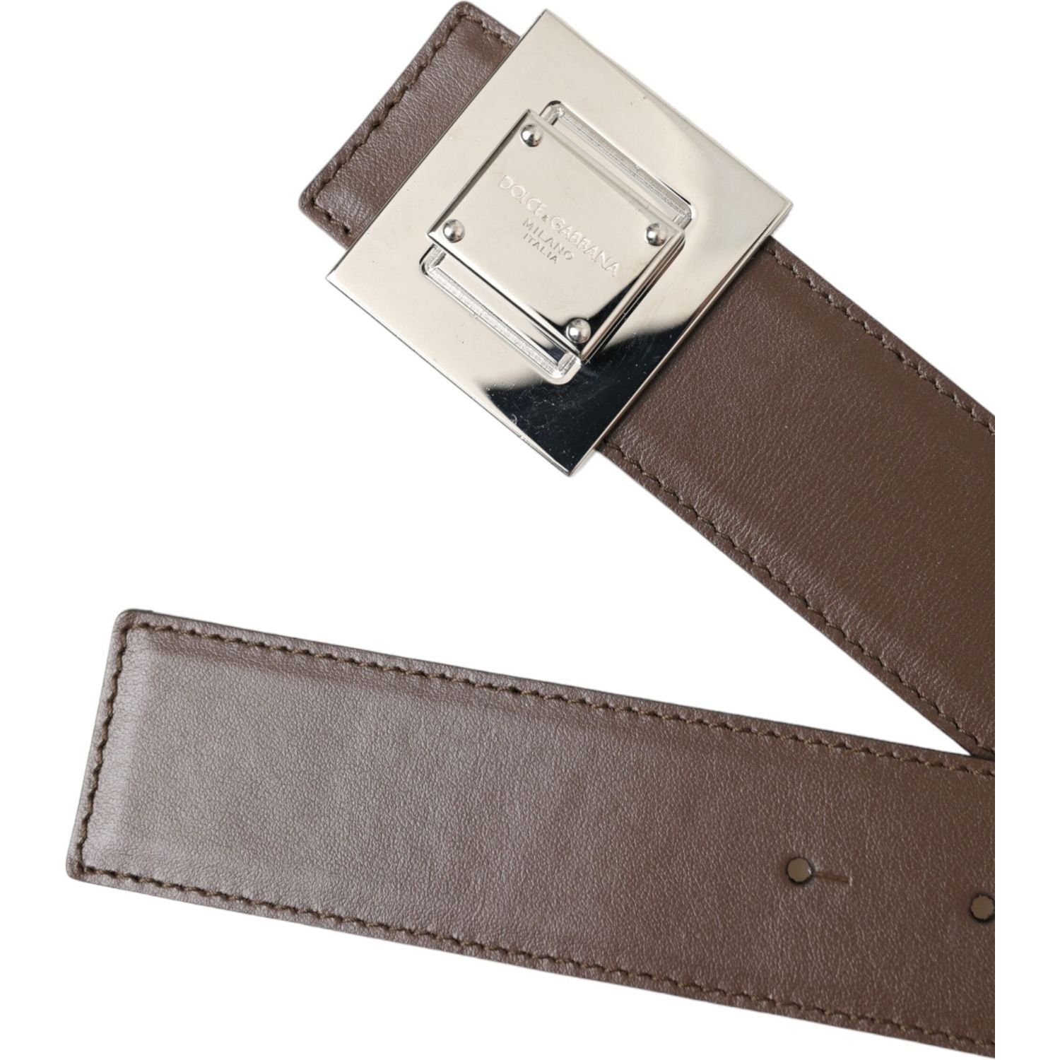 Dolce & Gabbana Brown Calf Leather Square Metal Buckle Belt