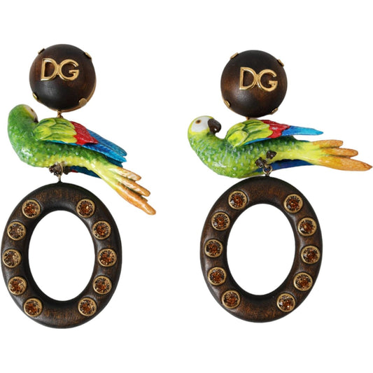 Dolce & Gabbana Multicolor Parrot Wood Brass Crystal Embellished Earrings Earrings Dolce & Gabbana