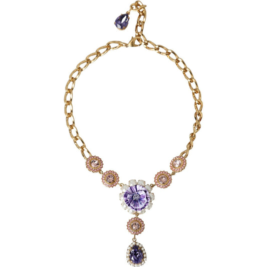 Dolce & Gabbana Gold Brass Crystal Purple Pink Pearl Pendants Necklace Dolce & Gabbana