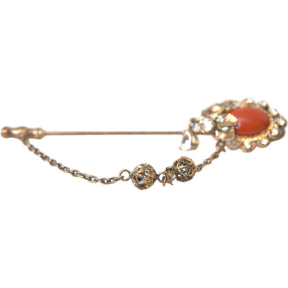 Dolce & Gabbana Gold Brass Crystal Chain 925 Sterling Silver Pin Brooch Brooch