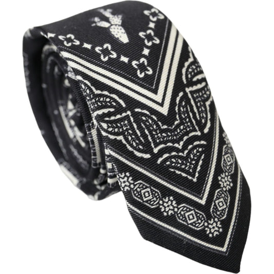 Black White Patterned 100% Silk Adjustable Tie