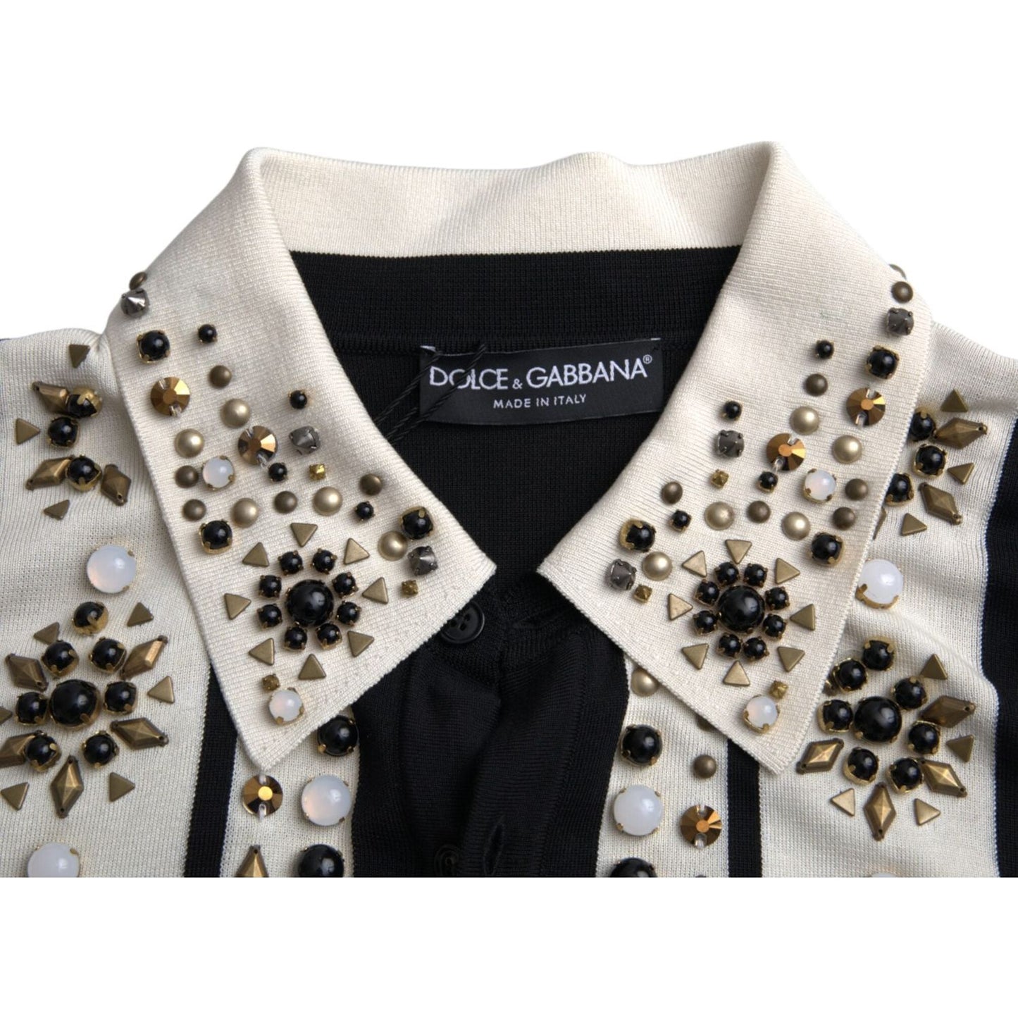 Dolce & Gabbana White Black Silk Studded Stone Crystal Shirt Dolce & Gabbana