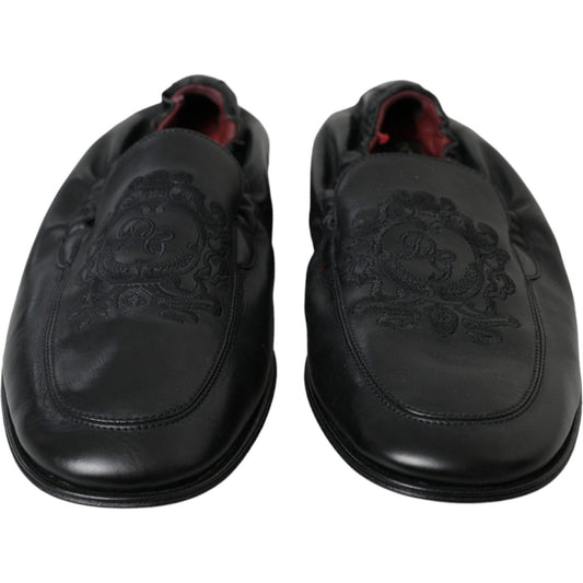 Dolce & Gabbana Black Logo Embroidered Leather Loafer Men Dress Shoes Dolce & Gabbana