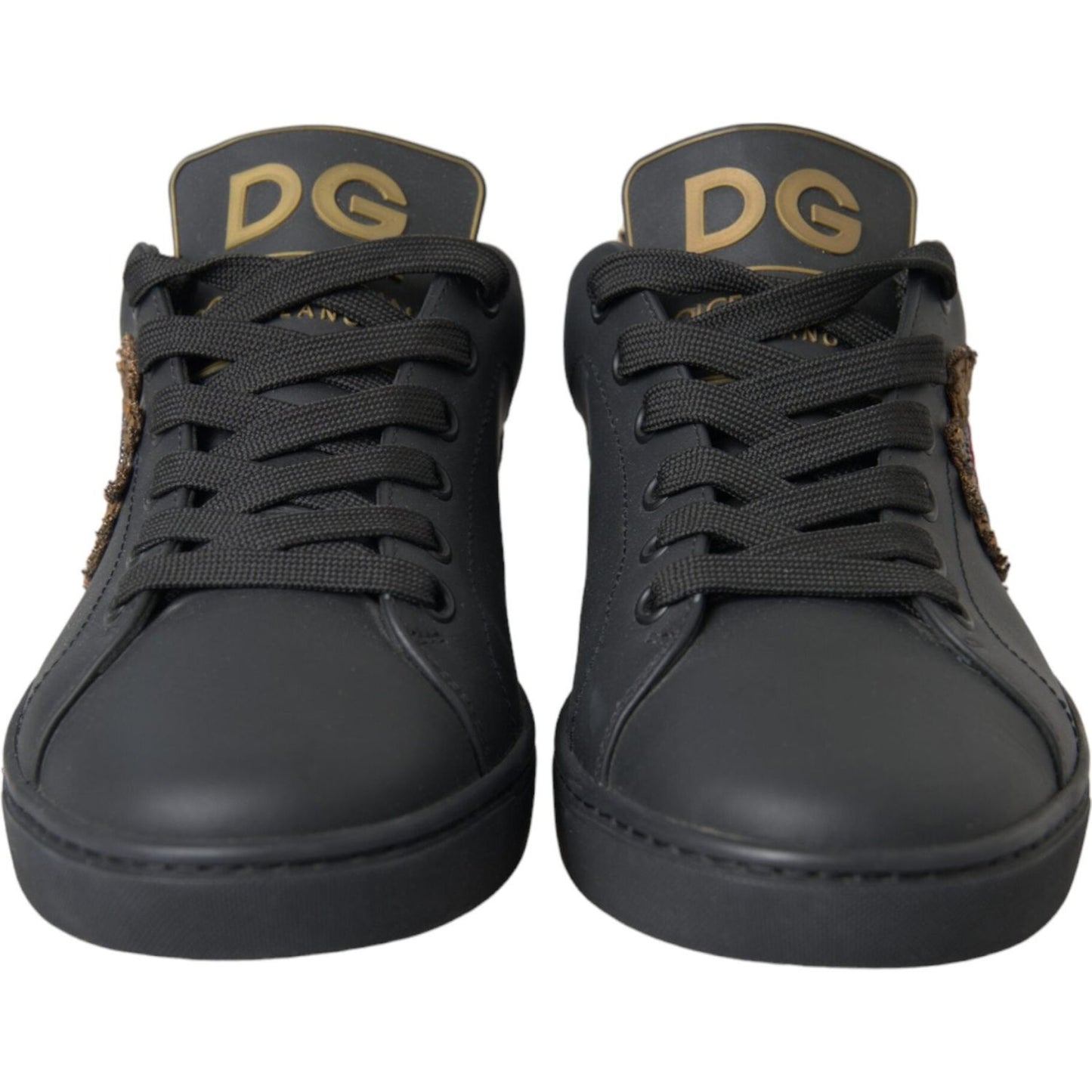 Dolce & Gabbana Black Leather Heart Embellished Sneakers Shoes Dolce & Gabbana