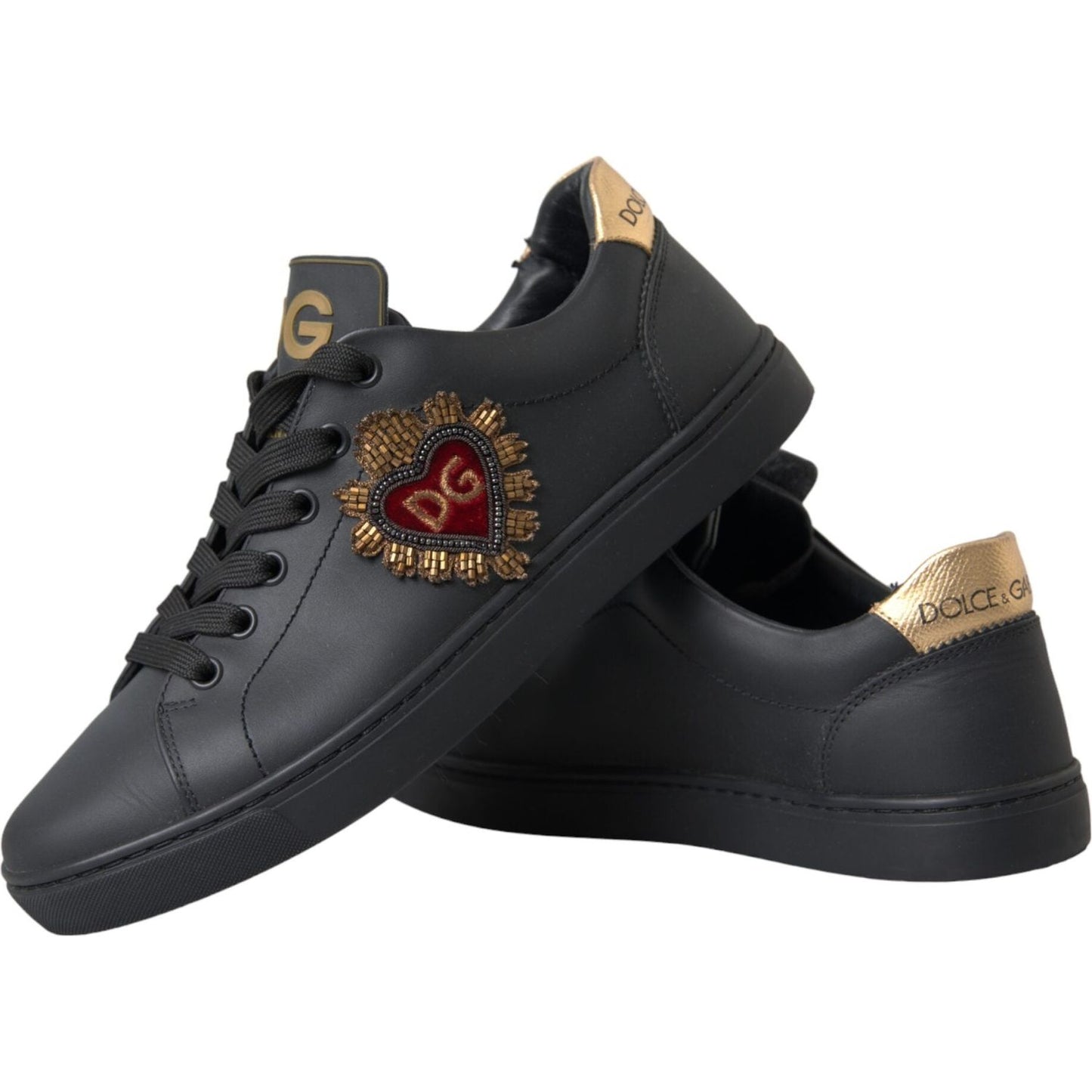 Dolce & Gabbana Black Leather Heart Embellished Sneakers Shoes Dolce & Gabbana