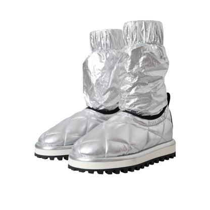 Dolce & Gabbana Metallic Silver Quilted Logo Patch Boot Shoes
