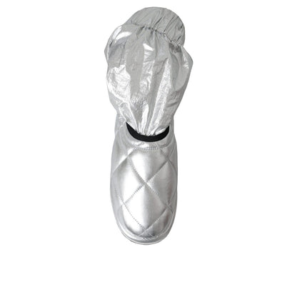 Dolce & Gabbana Metallic Silver Quilted Logo Patch Boot Shoes