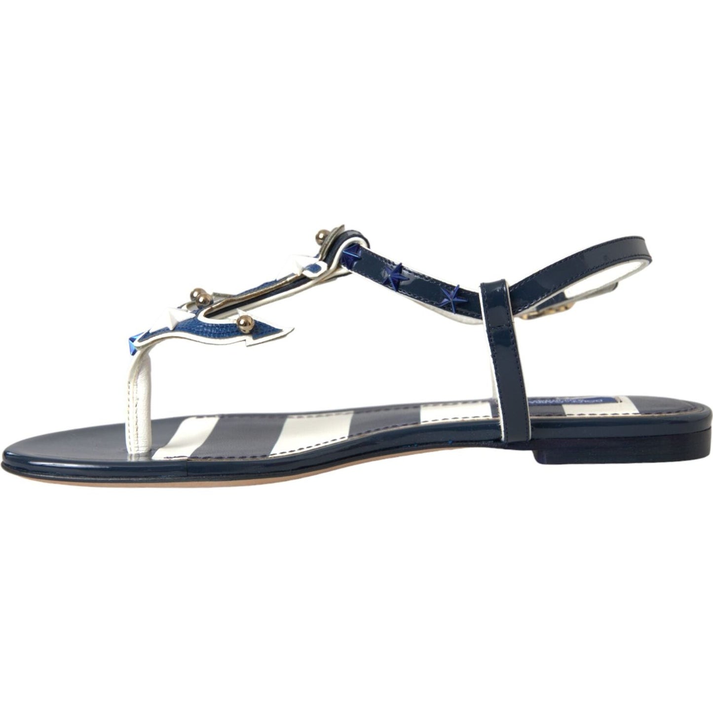 Dolce & Gabbana Blue Stripes Leather Studded Flats Sandals Shoes Dolce & Gabbana