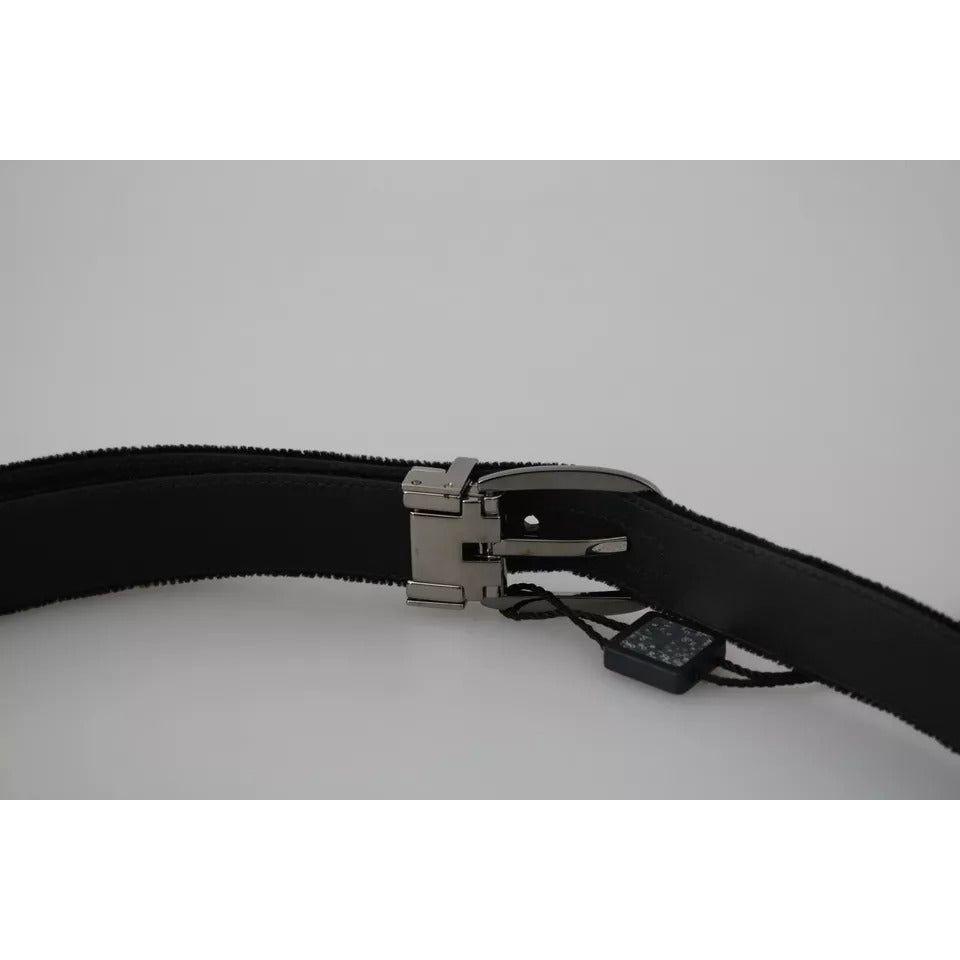 Dolce & Gabbana Black Velvet Silver Tone Metal Buckle Men Belt Dolce & Gabbana