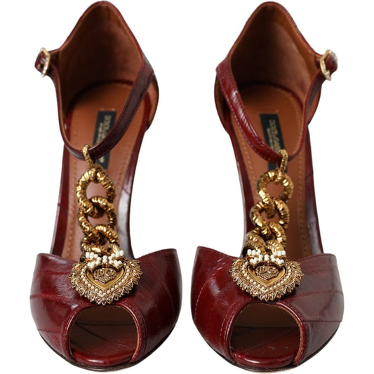 Dark Red Leather Gold Devotion Heart Sandals Shoes