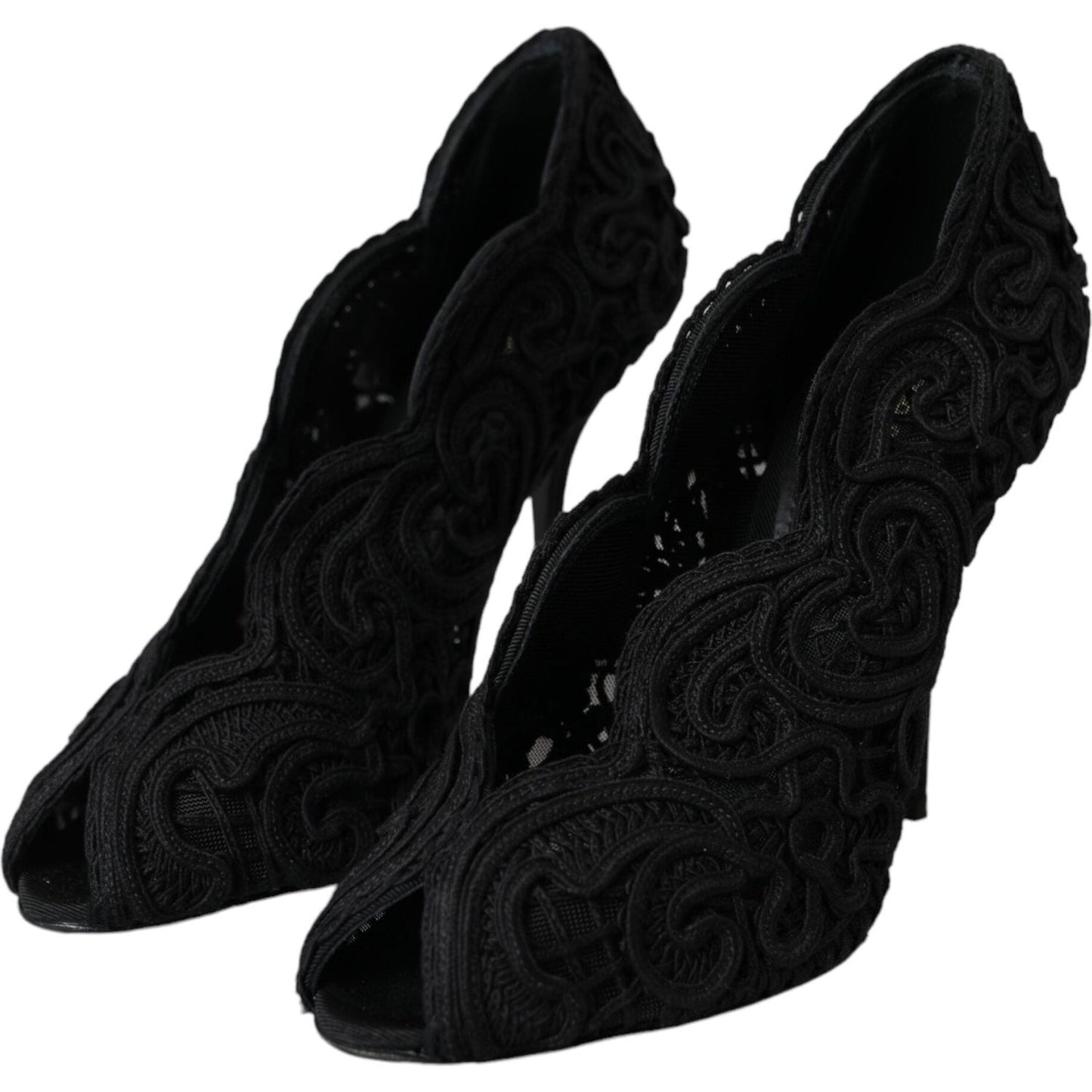 Dolce & Gabbana Black Cordonetto Ricamo Pump Open Toe Shoes Dolce & Gabbana