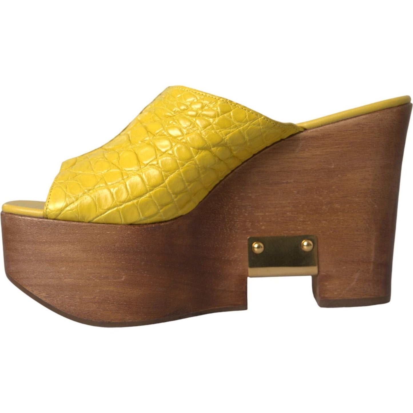 Dolce & Gabbana Yellow Leather Wood Mule Wedge Slides Shoes Dolce & Gabbana