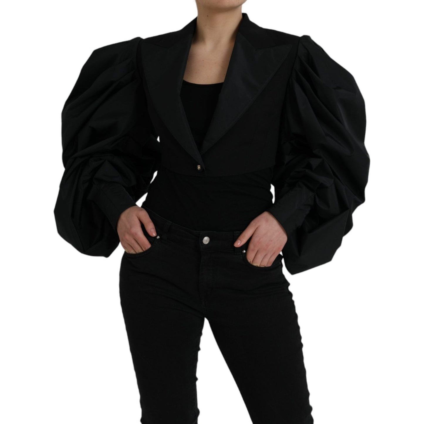 Dolce & Gabbana Black Polyester Puffed Sleeves Cropped Jacket Dolce & Gabbana