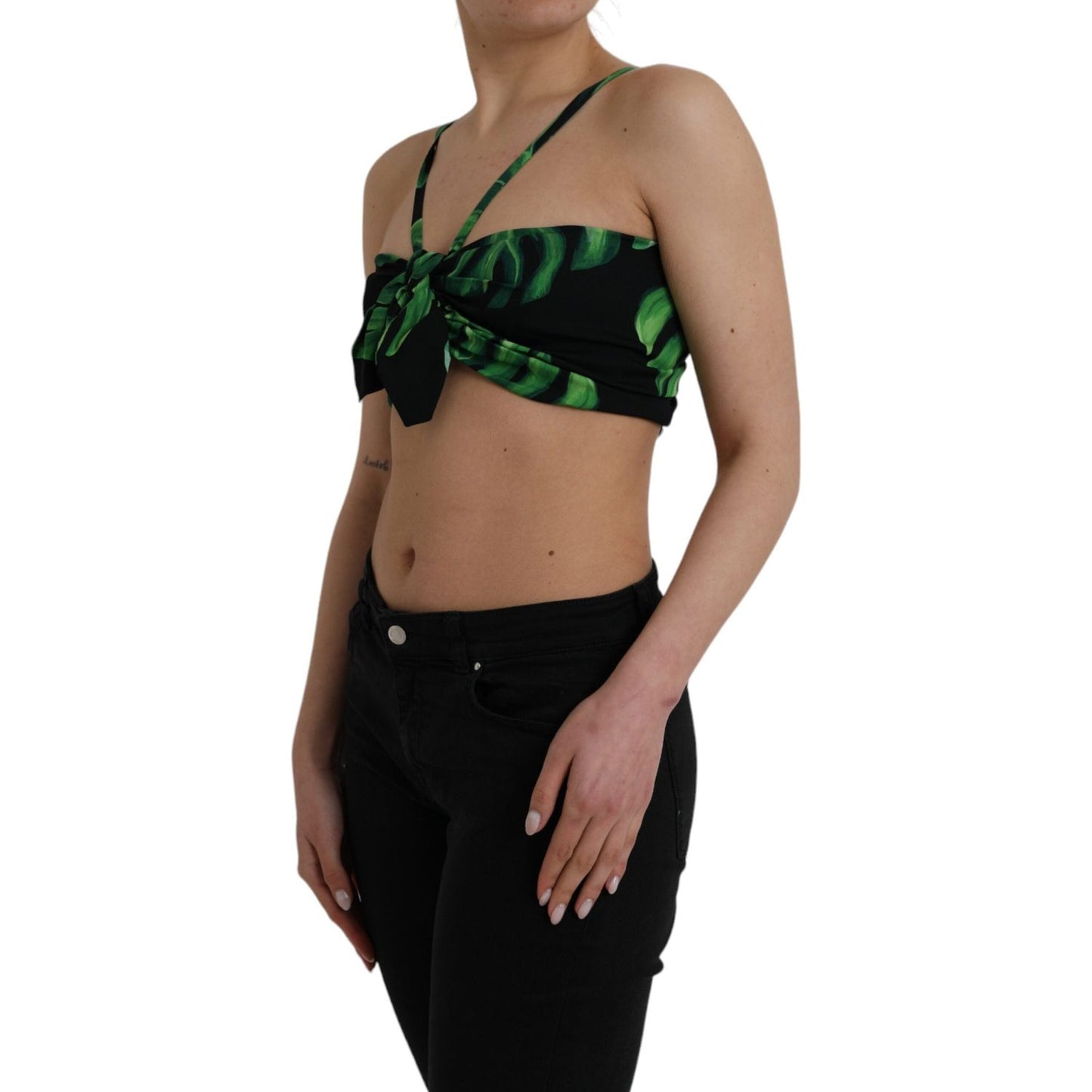 Dolce & Gabbana Black Green Leaf Silk Halter Cropped Top Dolce & Gabbana